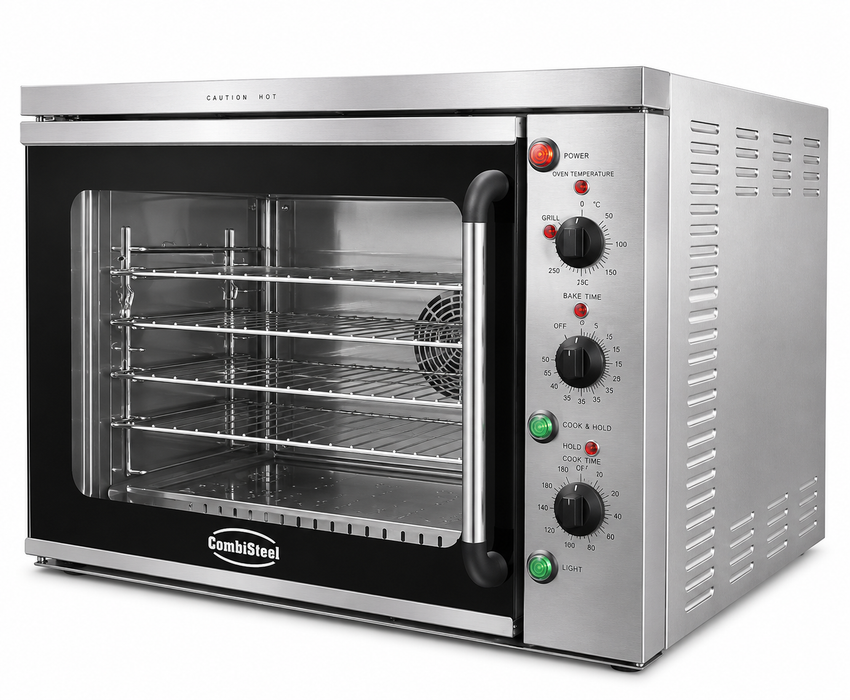 Stainless steel compact convection oven with left-hinge door and wire shelves visible inside