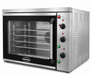Stainless steel compact convection oven with left-hinge door and wire shelves visible inside