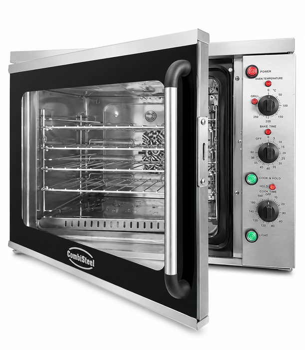 Stainless steel compact convection oven with left-hinge door and wire shelves visible inside view 2
