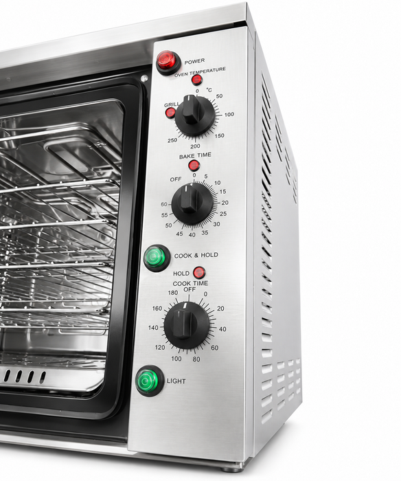 Stainless steel compact convection oven with left-hinge door and wire shelves visible inside view 3
