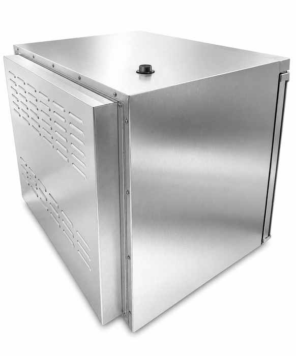 Stainless steel compact convection oven with left-hinge door and wire shelves visible inside view 4