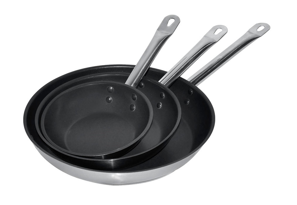 Stainless steel frypan with non-stick coating, 24cm diameter, on white background