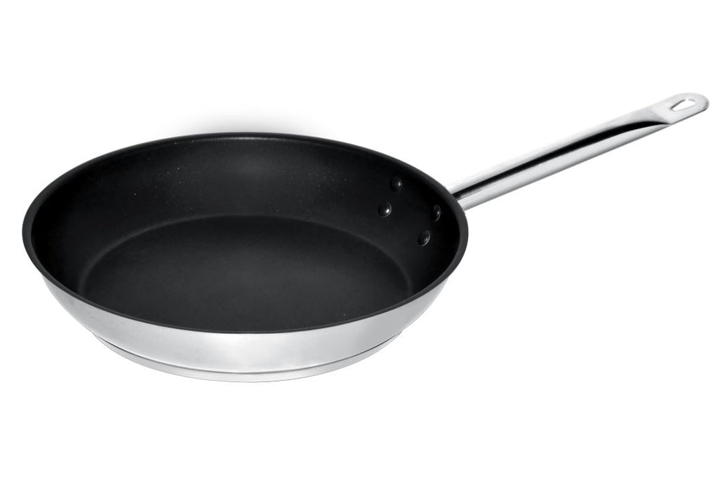 Stainless steel frypan with non-stick coating, 24cm diameter, on white background view 2