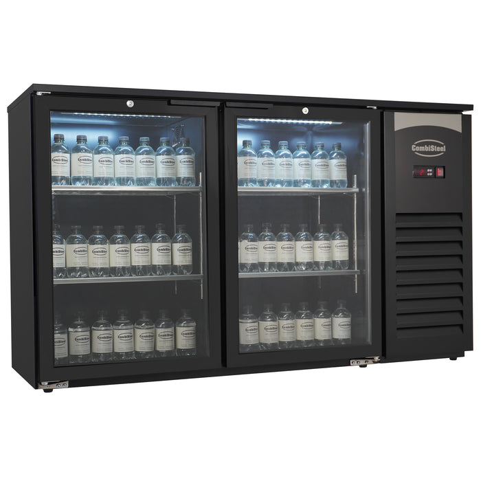 Black backbar fridge with two glass doors and LED interior lighting, 1434mm wide