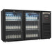 Black backbar fridge with two glass doors and LED interior lighting, 1434mm wide