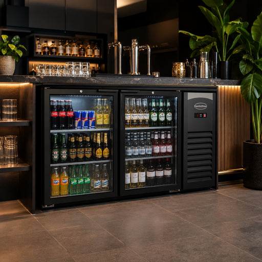Black backbar fridge with two glass doors and LED interior lighting, 1434mm wide view 2