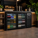 Black backbar fridge with two glass doors and LED interior lighting, 1434mm wide view 2