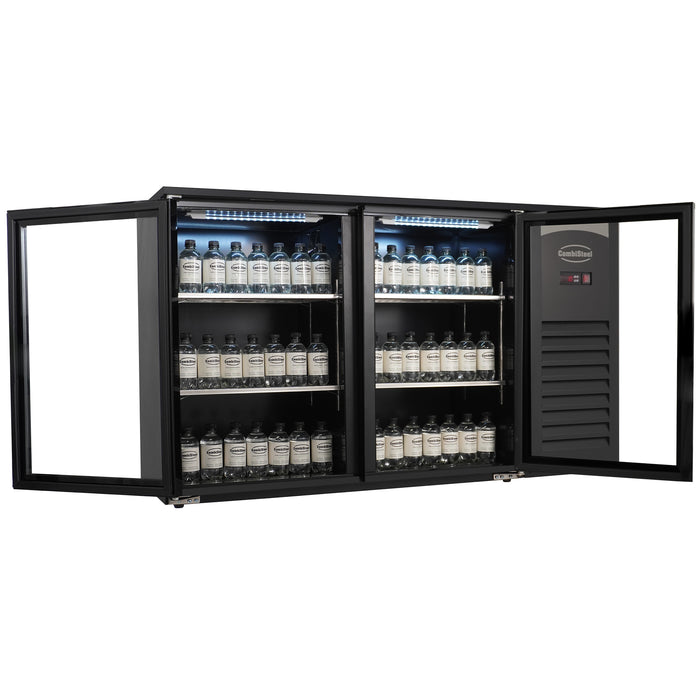 Black backbar fridge with two glass doors and LED interior lighting, 1434mm wide view 4