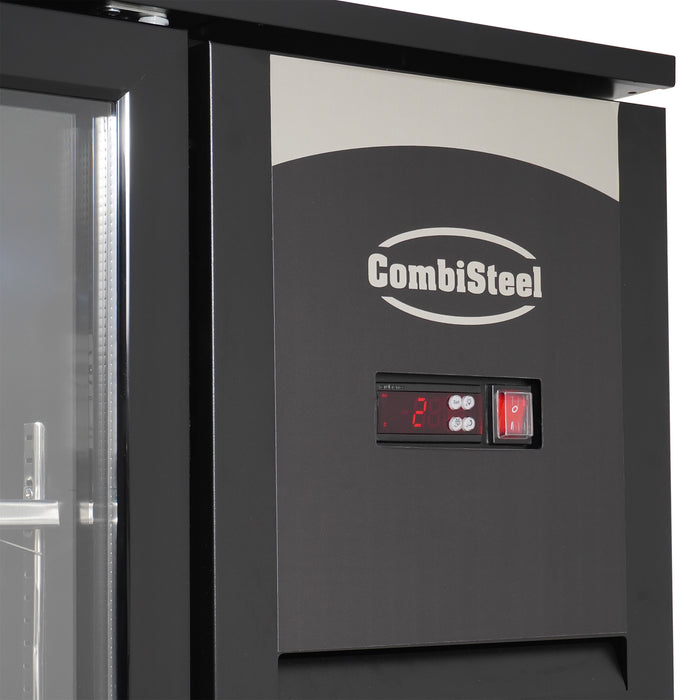 Black Combisteel four-door glass backbar cooler with LED lighting and digital display view 3