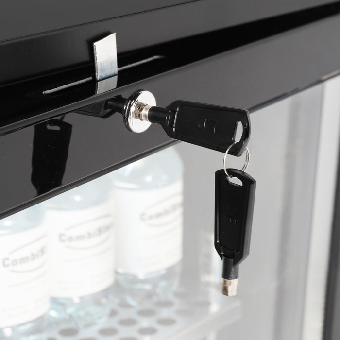 Black three-door glass front backbar cooler with LED interior lighting view 5