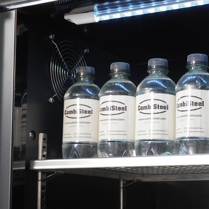 Black Combisteel four-door glass backbar cooler with LED lighting and digital display view 6