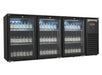 Black three-door glass front backbar cooler with LED interior lighting