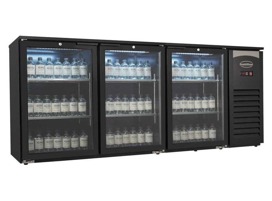 Black three-door glass front backbar cooler with LED interior lighting