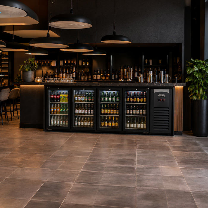 Black Combisteel four-door glass backbar cooler with LED lighting and digital display view 2