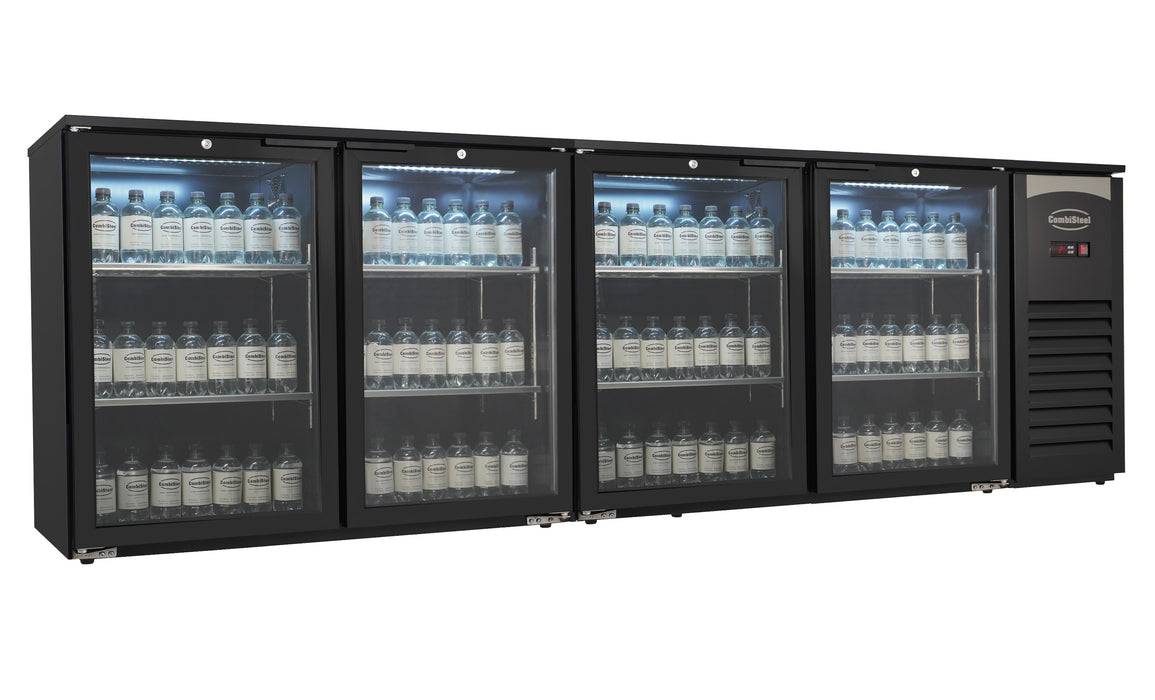 Black Combisteel four-door glass backbar cooler with LED lighting and digital display