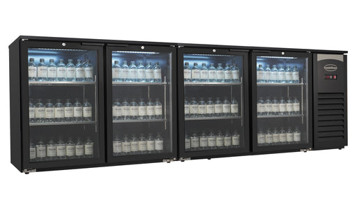 Black Combisteel four-door glass backbar cooler with LED lighting and digital display