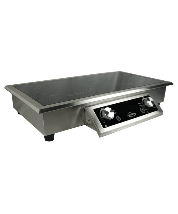 Combisteel drop-in induction stove with two cooking hobs and knob controls view 2