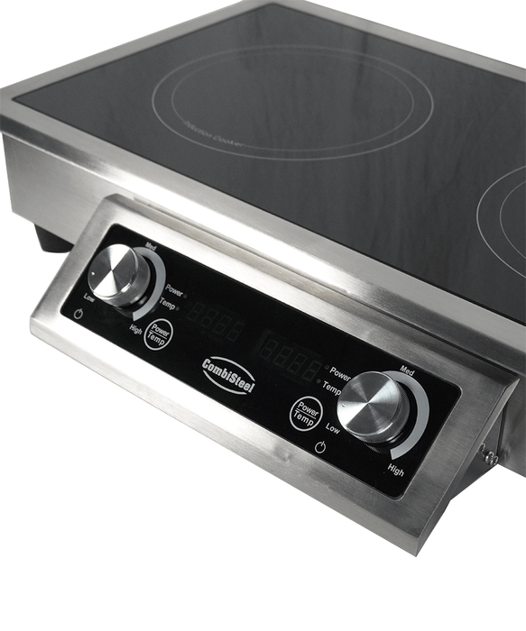 Combisteel drop-in induction stove with two cooking hobs and knob controls view 3