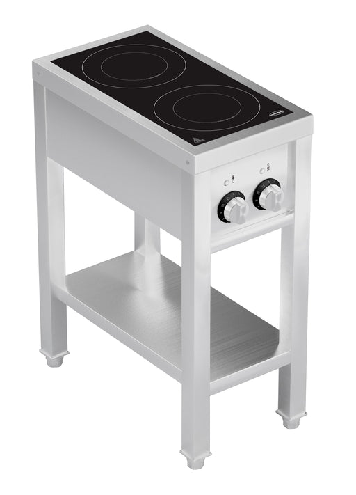 Stainless steel 2 hob induction cooker with open frame and knob controls