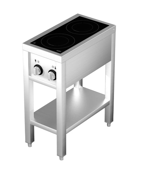 Stainless steel 2 hob induction cooker with open frame and knob controls view 2