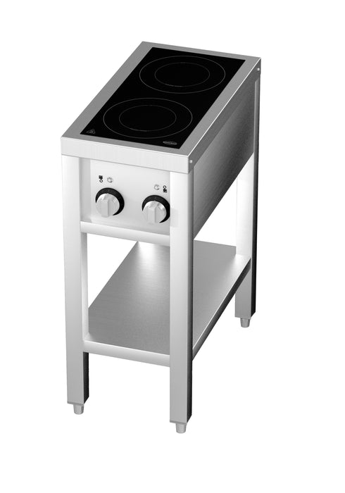 Stainless steel 2 hob induction cooker with open frame and knob controls view 3