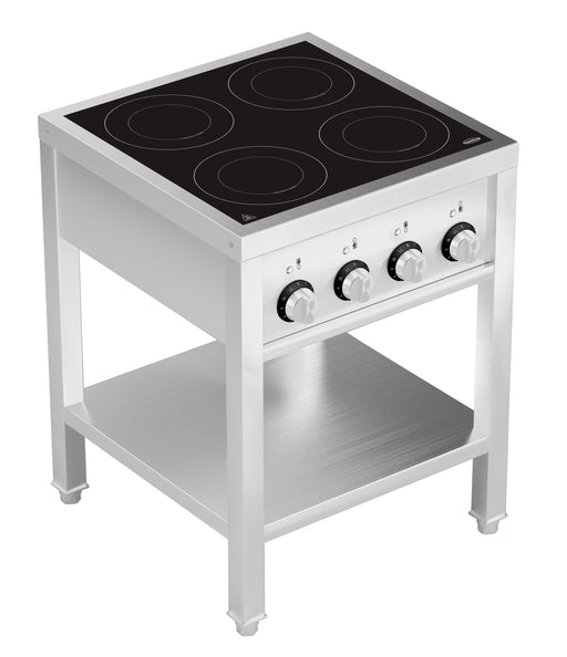 Stainless steel four hob induction cooktop with open frame and knob controls