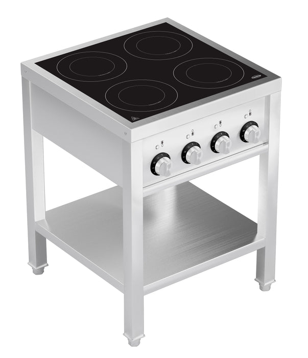 Stainless steel four hob induction cooktop with open frame and knob controls