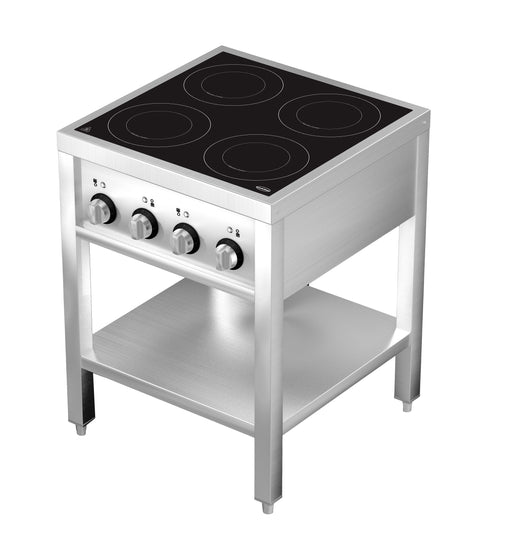 Stainless steel four hob induction cooktop with open frame and knob controls view 2