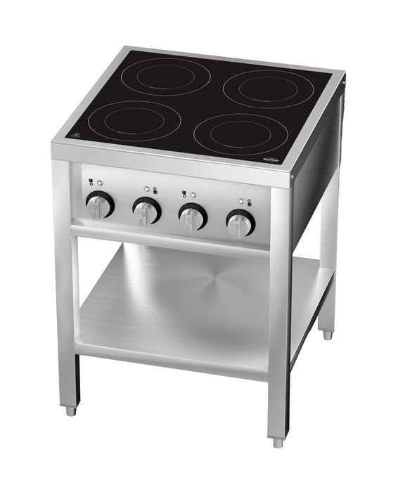 Stainless steel four hob induction cooktop with open frame and knob controls view 3