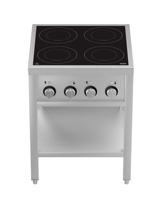 Stainless steel four hob induction cooktop with open frame and knob controls view 4