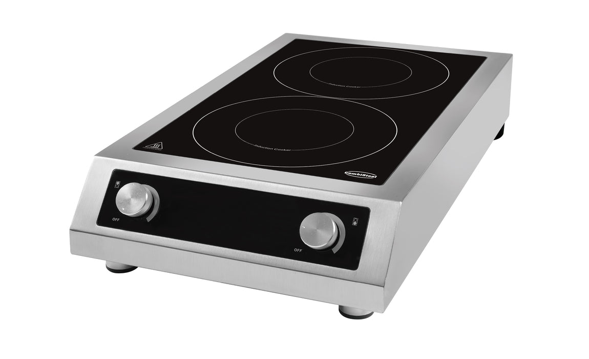 Stainless steel countertop induction hob with 2 cooking zones and control knobs