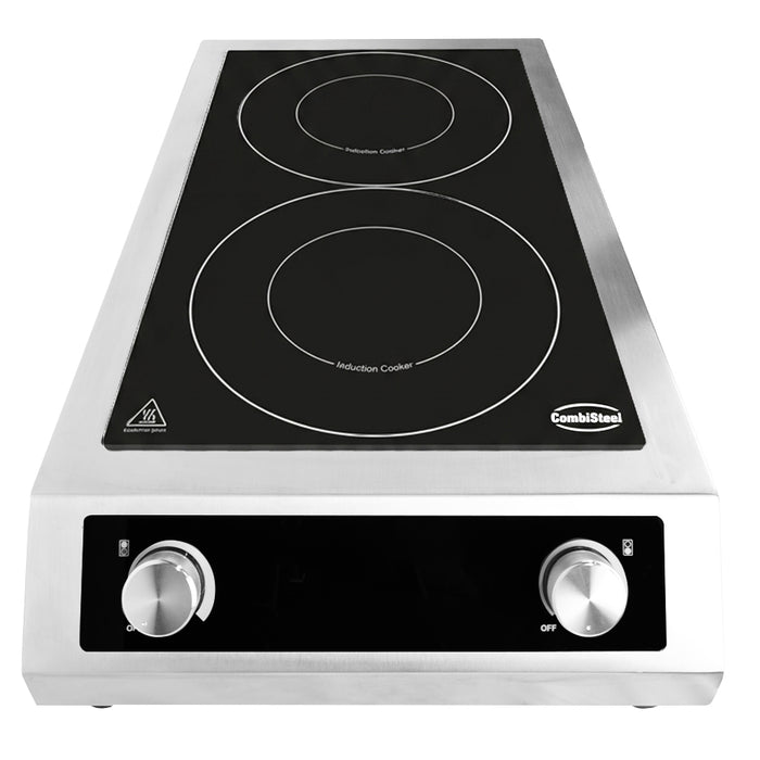Stainless steel countertop induction hob with 2 cooking zones and control knobs view 5