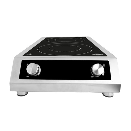 Stainless steel countertop induction hob with 2 cooking zones and control knobs view 2