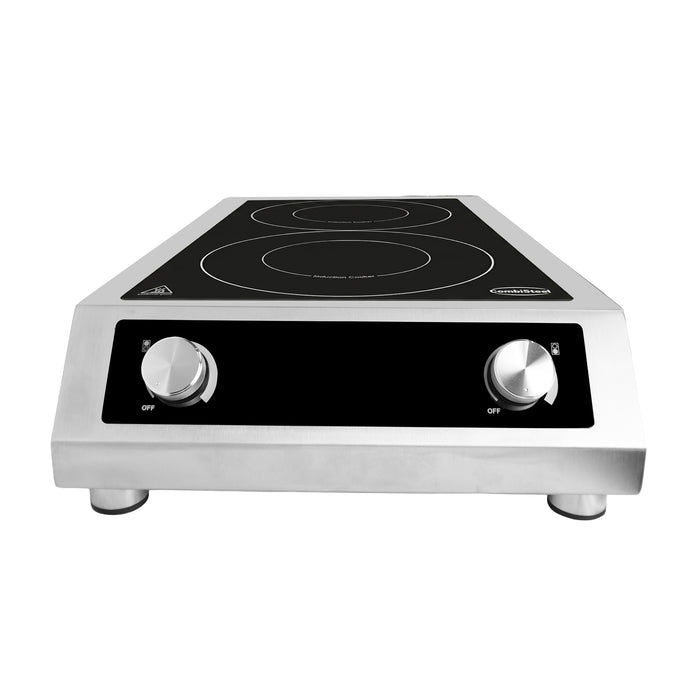 Stainless steel countertop induction hob with 2 cooking zones and control knobs view 2