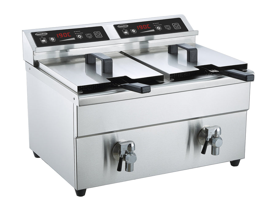 Stainless steel countertop induction fryer with two 8-litre baskets and digital touch screen.