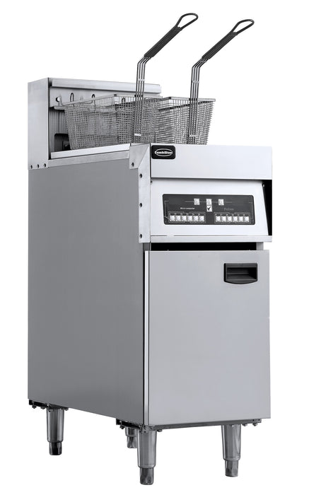 Stainless steel freestanding electric fryer with two 12.5 litre baskets and digital temperature display.
