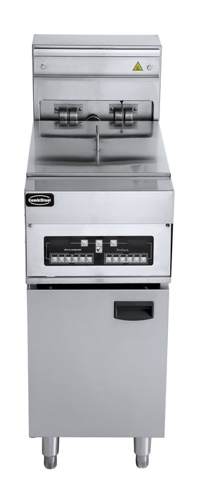 Stainless steel freestanding electric fryer with two 12.5 litre baskets and digital temperature display. view 2