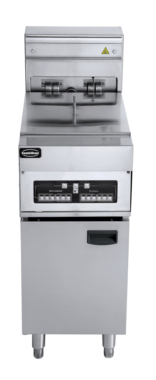 Stainless steel freestanding electric fryer with two 12.5 litre baskets and digital temperature display. view 2