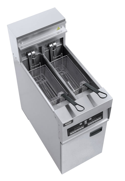 Stainless steel freestanding electric fryer with two 12.5 litre baskets and digital temperature display. view 3