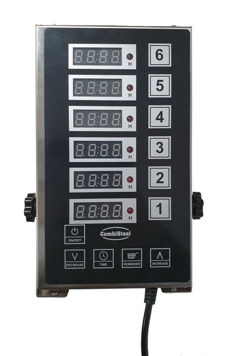 Stainless steel digital kitchen timer with six independent channels, compact countertop design