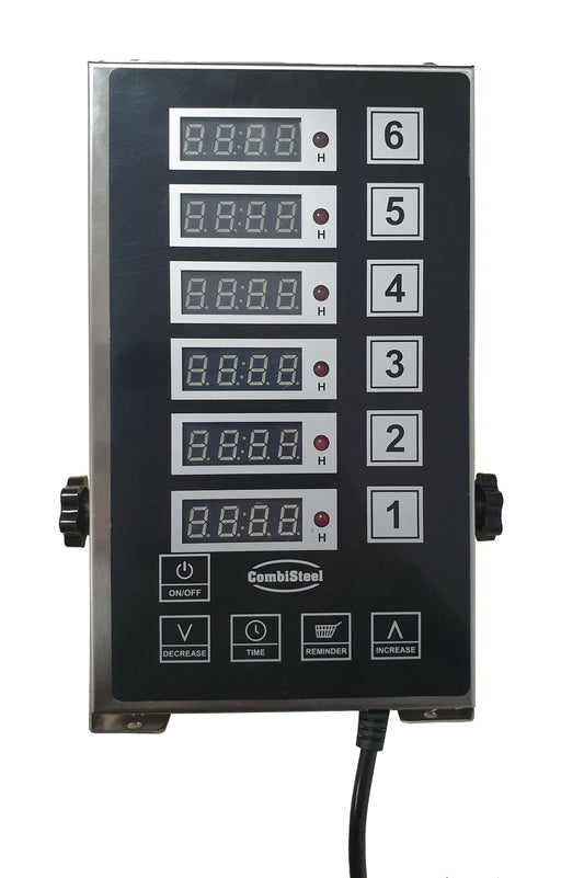 Stainless steel digital kitchen timer with six independent channels, compact countertop design