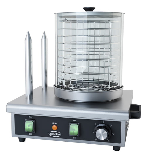 Stainless steel hot dog warmer with 2 bread heating sticks, tabletop model