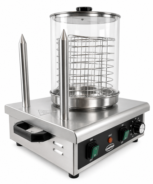 Stainless steel hot dog warmer with 2 bread heating sticks, tabletop model view 2