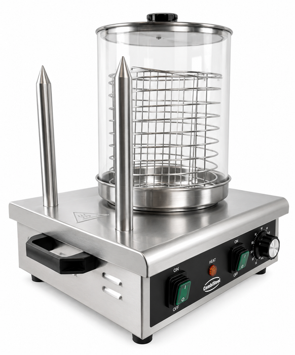 Stainless steel hot dog warmer with 2 bread heating sticks, tabletop model view 2
