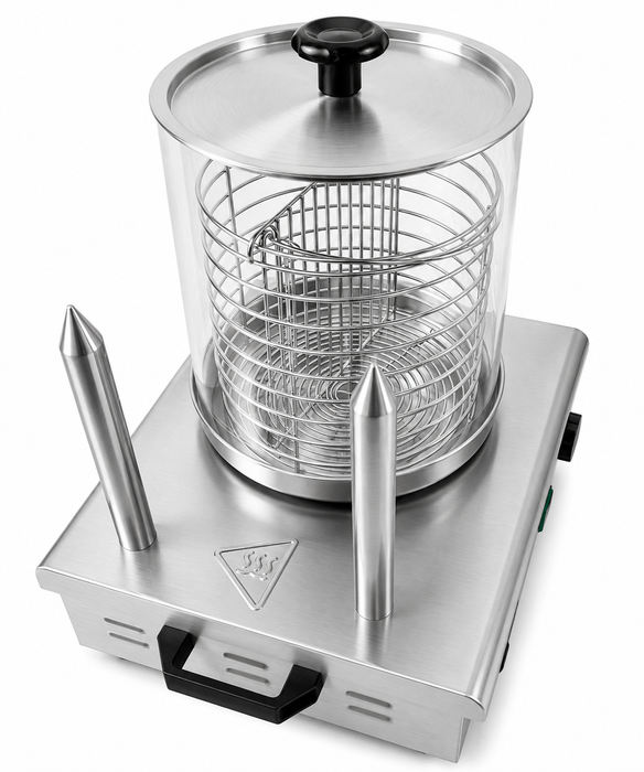 Stainless steel hot dog warmer with 2 bread heating sticks, tabletop model view 3