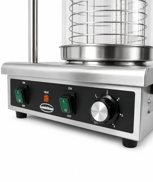 Stainless steel hot dog warmer with 2 bread heating sticks, tabletop model view 4