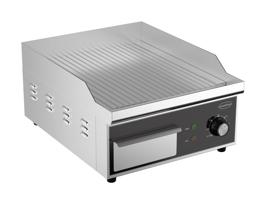Stainless steel electric fry top with ribbed cooking surface and grease collection tray