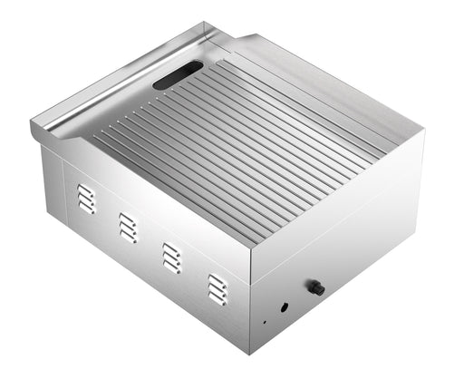 Stainless steel electric fry top with ribbed cooking surface and grease collection tray view 2