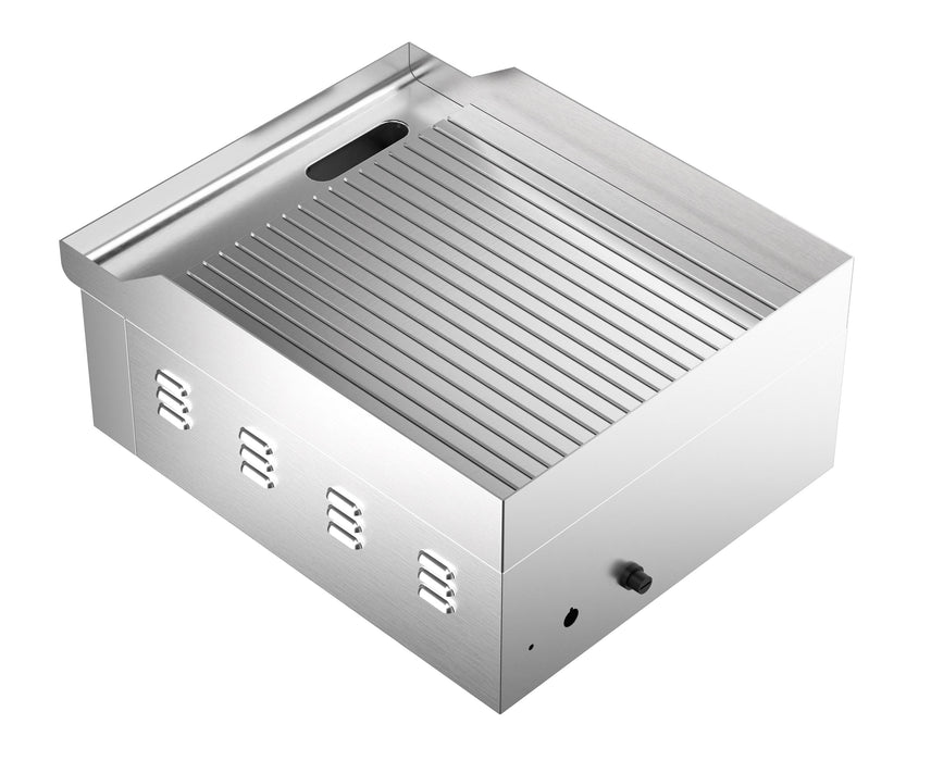 Stainless steel electric fry top with ribbed cooking surface and grease collection tray view 2