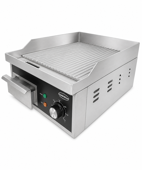 Stainless steel electric fry top with ribbed cooking surface and grease collection tray view 3
